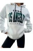 Unisex Beyaz Los Angeles Kol Baskılı Kapşonlu Oversize Sweatshirt - 1