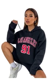 Unisex Los Angeles 91 Baskılı Oversize Kapşonlu Sweatshirt - 3