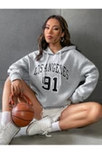 Unisex Los Angeles 91 Baskılı Oversize Kapşonlu Sweatshirt - 5
