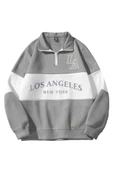 Unisex Los Angeles Baskılı Oversize Parçalı Polo Yaka Fermuarlı Sweatshirt - 1
