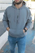 Unisex Göğüs Dikey Baskılı Kapşonlu Oversize Sweatshirt - 4