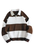 Unisex Çizgili Oversize Polo Yaka Yarım Fermuarlı Sweatshirt - 4