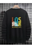 Unisex Siyah Los Angeles Oversize Bisiklet Yaka Sweatshirt - 2