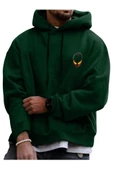 Unisex Yeşil Alien Baskılı Kapşonlu Oversize Sweatshirt - 2