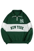 Unisex Yeşil New York Baskılı Oversize Parçalı Polo Yaka Fermuarlı Sweatshirt - 1