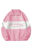 Unisex Los Angeles Baskılı Oversize Parçalı Polo Yaka Fermuarlı Sweatshirt - 3