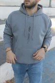 Unisex Göğüs Dikey Baskılı Kapşonlu Oversize Sweatshirt - 3