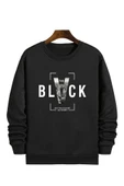 Unisex Black Baskılı Bisiklet Yaka Oversize Sweatshirt - 2