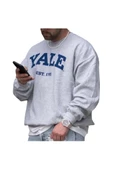 Unisex Gri Yale Baskılı Bisiklet Yaka Oversize Sweatshirt - 1