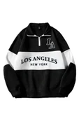 Unisex Los Angeles Baskılı Oversize Parçalı Polo Yaka Fermuarlı Sweatshirt - 4
