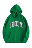 Unisex Yeşil Brooklyn Baskılı Oversize Kapşonlu Sweatshirt thumbnail 2