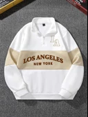 Unisex Los Angeles Baskılı Oversize Parçalı Polo Yaka Fermuarlı Sweatshirt - 7