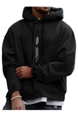 Unisex Göğüs Dikey Baskılı Kapşonlu Oversize Sweatshirt - 2