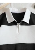 Unisex Çizgili Oversize Polo Yaka Yarım Fermuarlı Sweatshirt - 6