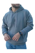 Unisex Göğüs Dikey Baskılı Kapşonlu Oversize Sweatshirt - 1