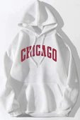 Unisex Beyaz Chicago Baskılı Oversize Kapşonlu Sweatshirt - 1