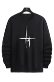 Unisex Çizgi Baskı Bisikletyaka Sweatshirt - 3