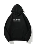 Unisex Siyah Silence Baskılı Oversize Kapşonlu Sweatshirt - 1