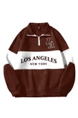 Unisex Los Angeles Baskılı Oversize Parçalı Polo Yaka Fermuarlı Sweatshirt - 2