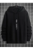Unisex Göğüs Dikey Baskılı Kapşonlu Oversize Sweatshirt - 5