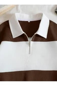 Unisex Çizgili Oversize Polo Yaka Yarım Fermuarlı Sweatshirt - 10