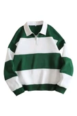 Unisex Çizgili Oversize Polo Yaka Yarım Fermuarlı Sweatshirt - 1
