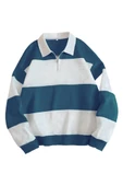 Unisex Çizgili Oversize Polo Yaka Yarım Fermuarlı Sweatshirt - 3