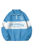 Unisex Los Angeles Baskılı Oversize Parçalı Polo Yaka Fermuarlı Sweatshirt - 6
