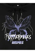 Unisex Siyah Butterfly Baskılı Oversize Kapşonlu Sweatshirt - 2