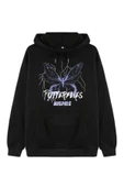 Unisex Siyah Butterfly Baskılı Oversize Kapşonlu Sweatshirt - 1