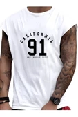 Erkek Beyaz California 91 Baskılı Kolsuz T-shirt - 1