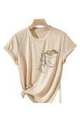 Kadın Kedi Cep Baskılı Regular T-shirt - 1