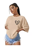 Kadın Kalp Baskılı Oversize T-shirt - 3