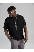 Erkek Göğüs Dikey Baskılı Oversize T-shirt - 10