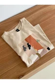 Kadın Bej Kadın Figür Baskılı Oversize Bisiklet Yaka T-Shirt - 4