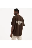 Erkek Kahverengi Represent Baskılı Oversize Bisiklet Yaka Tişört - 2