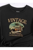 Kadın Siyah Vintage Sand Waves Baskılı Oversize T-shirt - 2