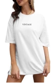 Kadın Beyaz Vintage Baskılı Oversize T-shirt - 1