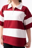 Kadın Polo Yaka Çizgili Oversize T-Shirt - 10
