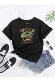 Kadın Siyah Vintage Sand Waves Baskılı Oversize T-shirt - 3