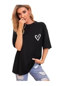 Kadın Kalp Baskılı Oversize T-shirt - 4