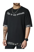 Erkek Siyah Attitude Baskılı Desenli Oversize T-shirt - 1