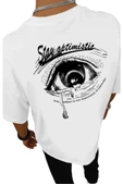 Erkek Beyaz Stay Göz Baskılı Oversize T-shirt - 1