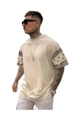 Erkek Duman Gri Kol Desenli Oversize T-shirt - 1