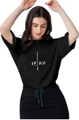 Kadın Siyah Relax Baskılı Oversize T-shirt - 1