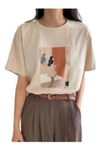 Kadın Bej Kadın Figür Baskılı Oversize Bisiklet Yaka T-Shirt - 1