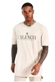 Erkek Bej Valencia Baskılı Oversize Tshirt - 1