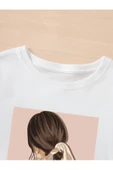Kadın Beyaz Saç Baskılı Oversize Bisiklet Yaka T-shirt - 2