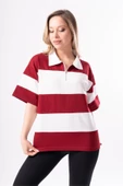 Kadın Polo Yaka Çizgili Oversize T-Shirt - 9