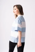 Kadın Polo Yaka Çizgili Oversize T-Shirt - 2
